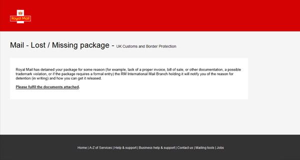 Fake Royal Mail Lost Missing package emails